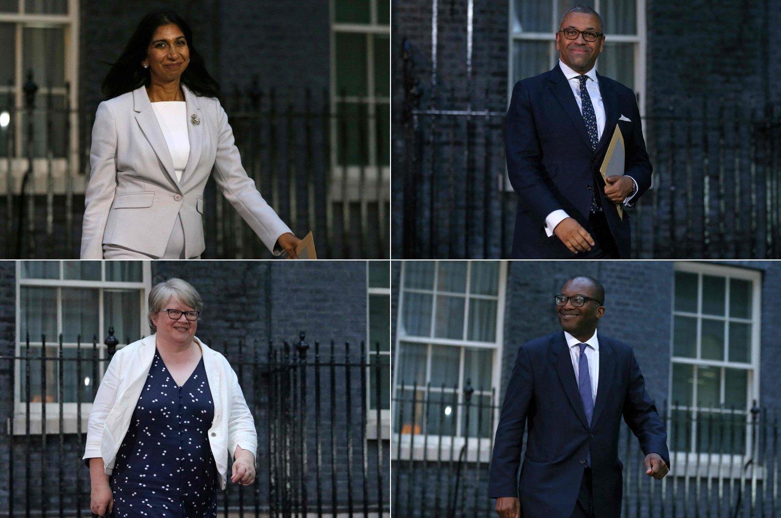 This combination of pictures shows Britain&#039;s new Home Secretary Suella Braverman (top L), Britain&#039;s Foreign Secretary James Cleverly (top R), Britain&#039;s new Health Secretary Therese Coffey (bottom L) and Britain&#039;s new Chancellor of the Exchequer Kwasi Kwarteng leaving 10 Downing Street after a meeting with Britain&#039;s new Prime Minister Liz Truss in central London, U.K., Sept. 6, 2022. (AFP Photo)