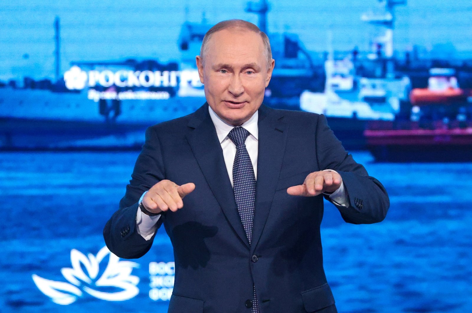 Russian President Vladimir Putin gestures as he delivers a speech during a plenary session at the Eastern Economic Forum in Vladivostok, Russia, Sept. 7, 2022. (Tass via AP)