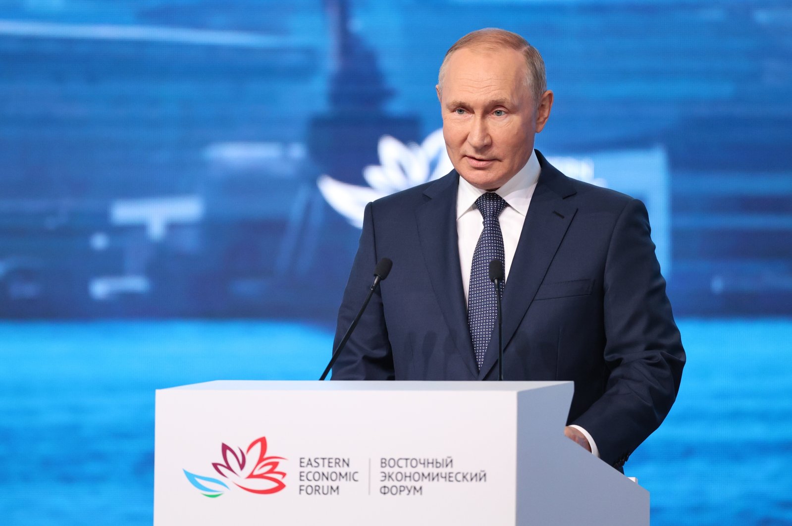 Russian President Vladimir Putin delivers his speech during a plenary session of the 2022 Eastern Economic Forum (EEF) in Vladivostok, Russia, Sept. 7, 2022.  (Kremlin via EPA)