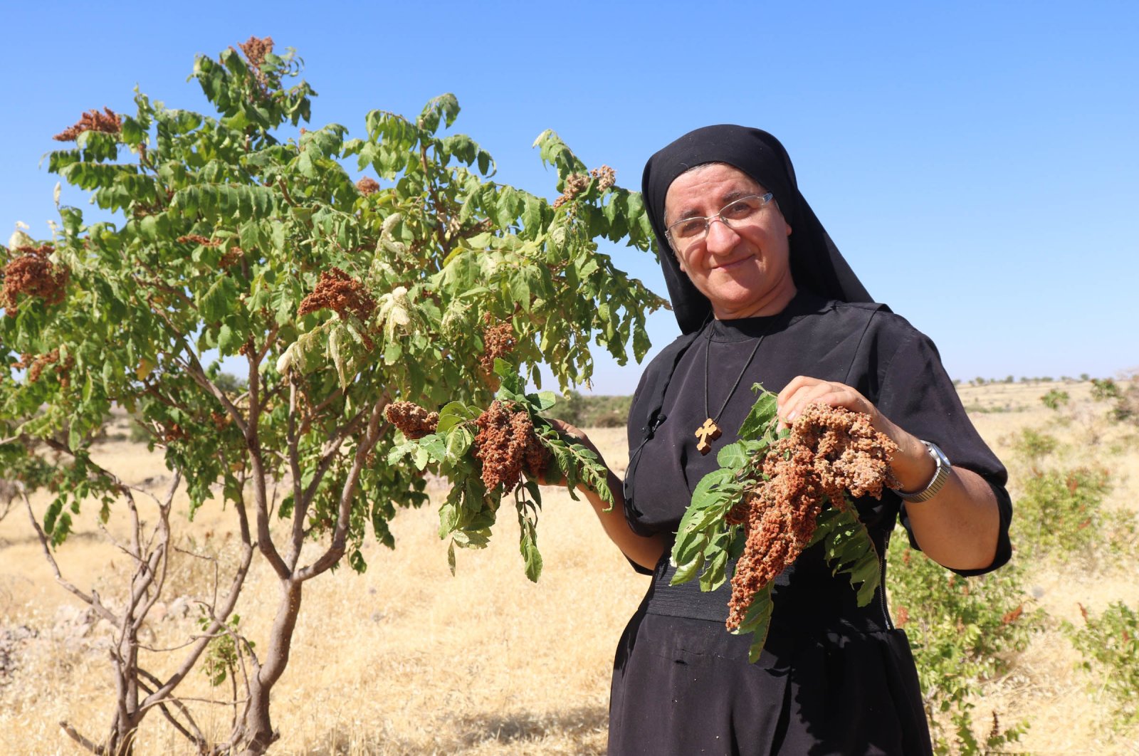 Syriac Turkish Nun Hatune Doğan standing in front of a sumac tree at her home in Izbırak, Mardin, southeastern Türkiye, Sept. 7, 2022. (DHA Photo)