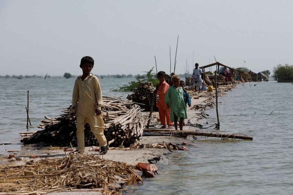 Children stand as their family takes refuge along a damaged road at the banks of Manchar lake, Sehwan, Pakistan, Sept. 6, 2022. (Reuters Photo)