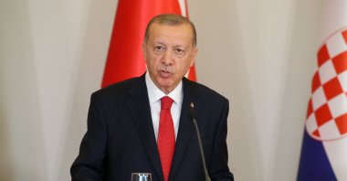 President Recep Tayyip Erdoğan and his Croatian counterpart Zoran Milanovic (not pictured) take part in a joint press conference at the presidential office in Zagreb, Croatia, Sept. 8, 2022. (AFP Photo)