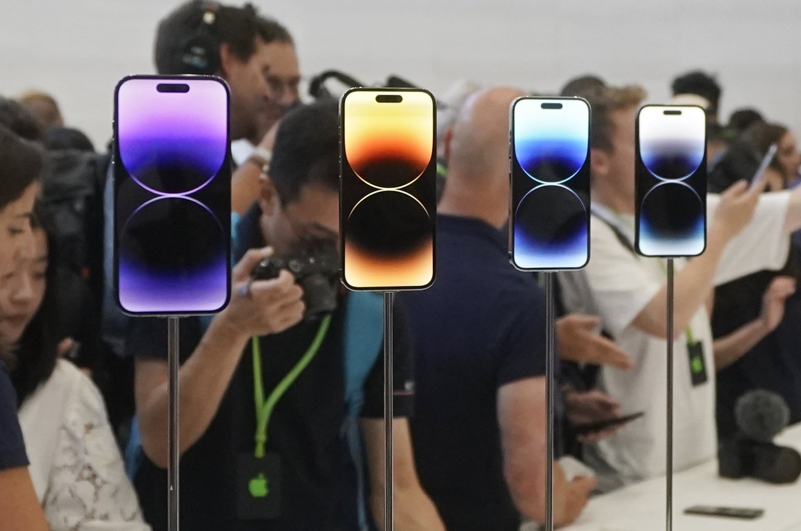 New iPhone 14 Pro models are on display at an Apple event on the campus of Apple&#039;s headquarters in Cupertino, California, U.S., Sept. 7, 2022. (AP Photo)