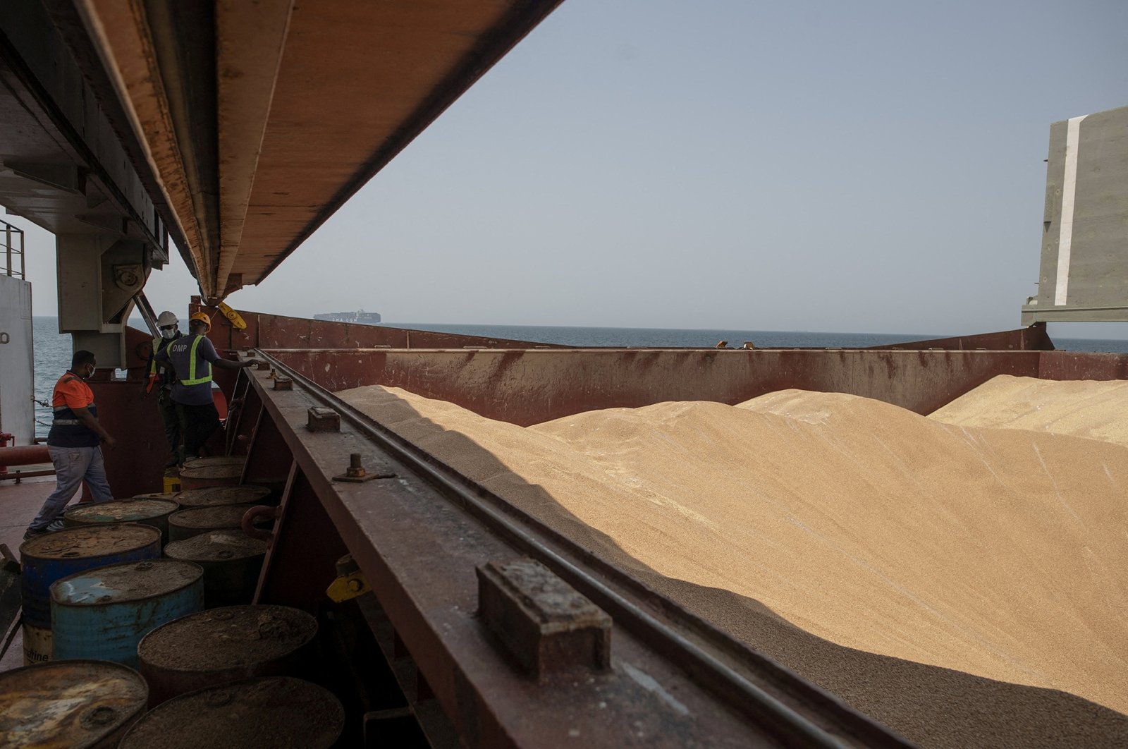 Wheat grain is seen on the MV Brave Commander vessel from Yuzhny Port in Ukraine to the drought-stricken Horn of Africa as it docks at the port of Djibouti in Djibouti, Aug. 30, 2022. (Reuters Photo)
