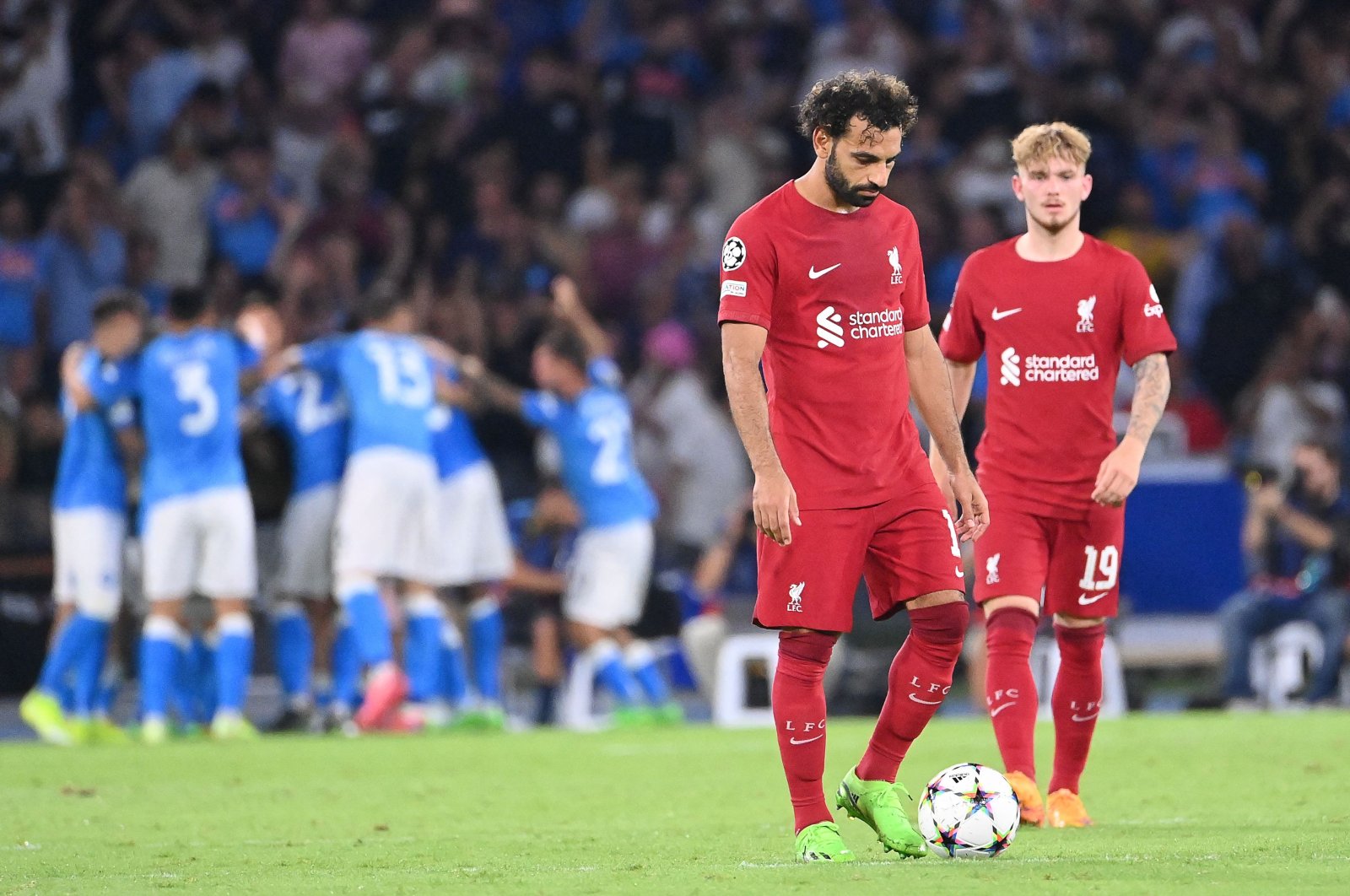 Liverpool&#039;s Mohamed Salah reacts after a Napoli goal in a Champions League match, Naples, Italy, Sept. 7, 2022. (AFP Photo)