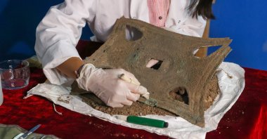 The ancient bronze wall plate unearthed in Ayanis Castle, Van, eastern Türkiye, Sept. 8, 2022. (AA) 