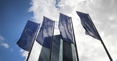 The flags of the European Union flutter in front of the headquarters of the European Central Bank (ECB) in Frankfurt am Main, Germany, Sept. 8, 2022. (AFP Photo)