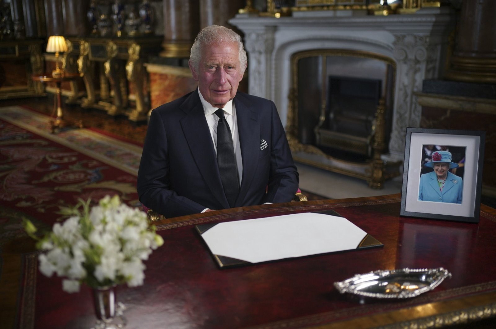 Britain&#039;s King Charles III delivers his address to the nation and the Commonwealth from Buckingham Palace, London, U.K., Sept. 9, 2022, following the death of Queen Elizabeth II on Thursday. (Pool Photo via AP)