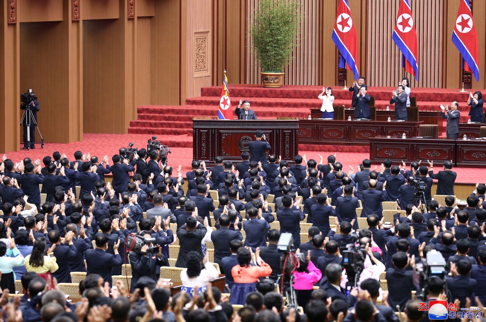 North Korea&#039;s leader Kim Jong Un acknowledges the applause of deputies in the Supreme People&#039;s Assembly, North Korea&#039;s parliament, which passed a law officially enshrining its nuclear weapons policies, Pyongyang, North Korea, Sept. 8, 2022. (KCNA via Reuters)