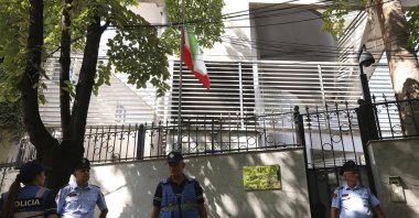 Police guard outside the Iranian Embassy in Tirana, Albania, Sept. 8, 2022. (AP Photo)