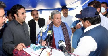 U.N. Secretary General Antonio Guterres (C) and Pakistan's Foreign Minister Bilawal Bhutto Zardari (L) visit the ruins of Mohenjo Daro, after it was damaged in floods near Larkana, Sindh province, Pakistan, Sept. 10, 2022. (EPA Photo)