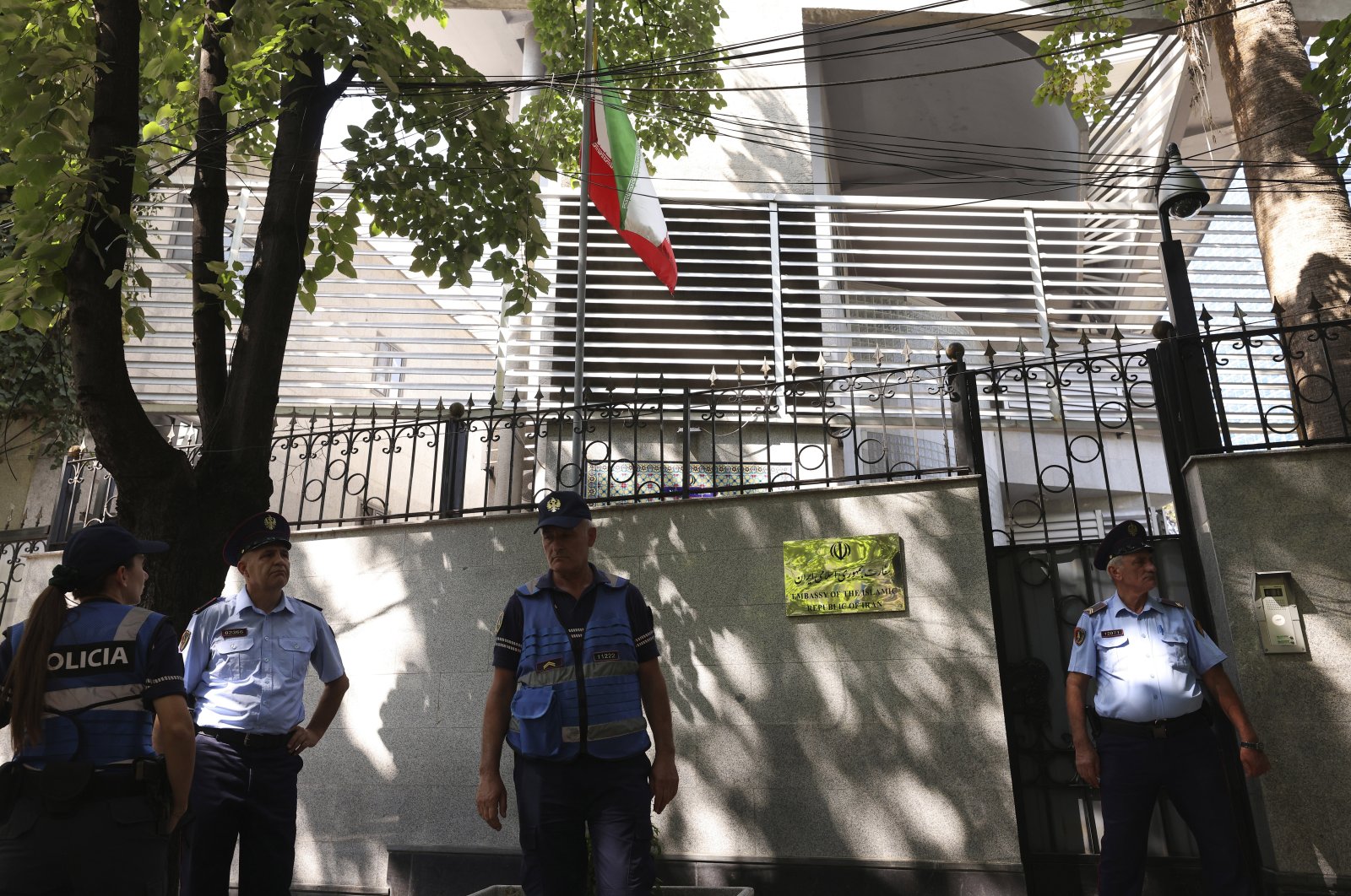 Police guard outside the Iranian Embassy in Tirana, Albania, Sept. 8, 2022. (AP Photo)