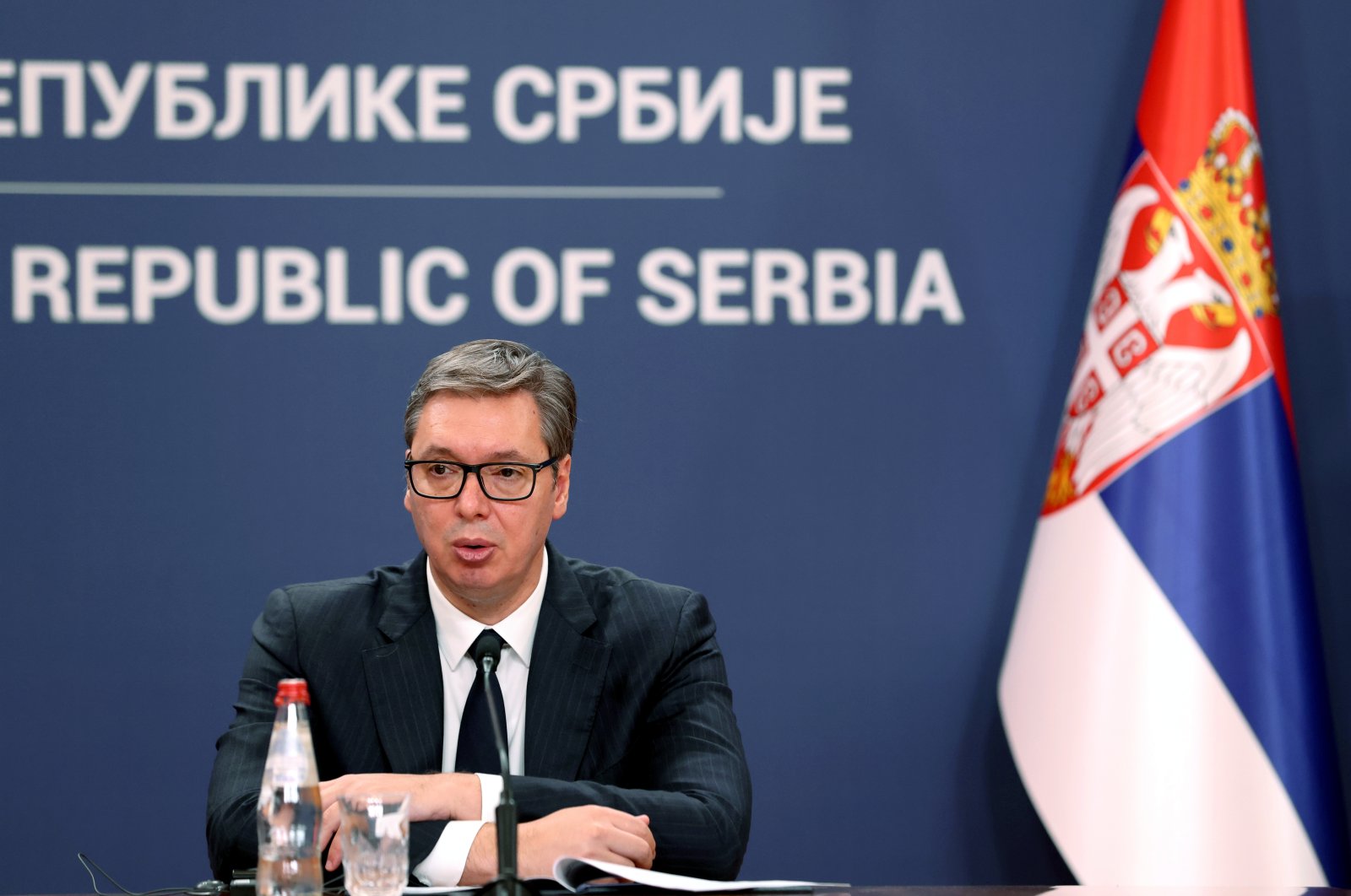 Serbian President Aleksandar Vucic attends a joint press conference with Turkish President Recep Tayyip Erdoğan (not pictured) in Belgrade, Serbia, Sept. 7, 2022. (EPA Photo)