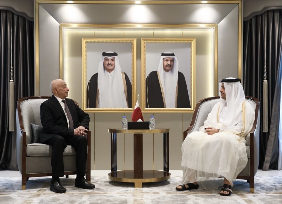 Qatar&#039;s Foreign Minister Sheikh Mohammed bin Abdulrahman Al Thani (R) holds talks in the capital Doha with Libyan Parliament Speaker Aguila Saleh, Qatar, Sept. 12, 2022. (AA Photo)