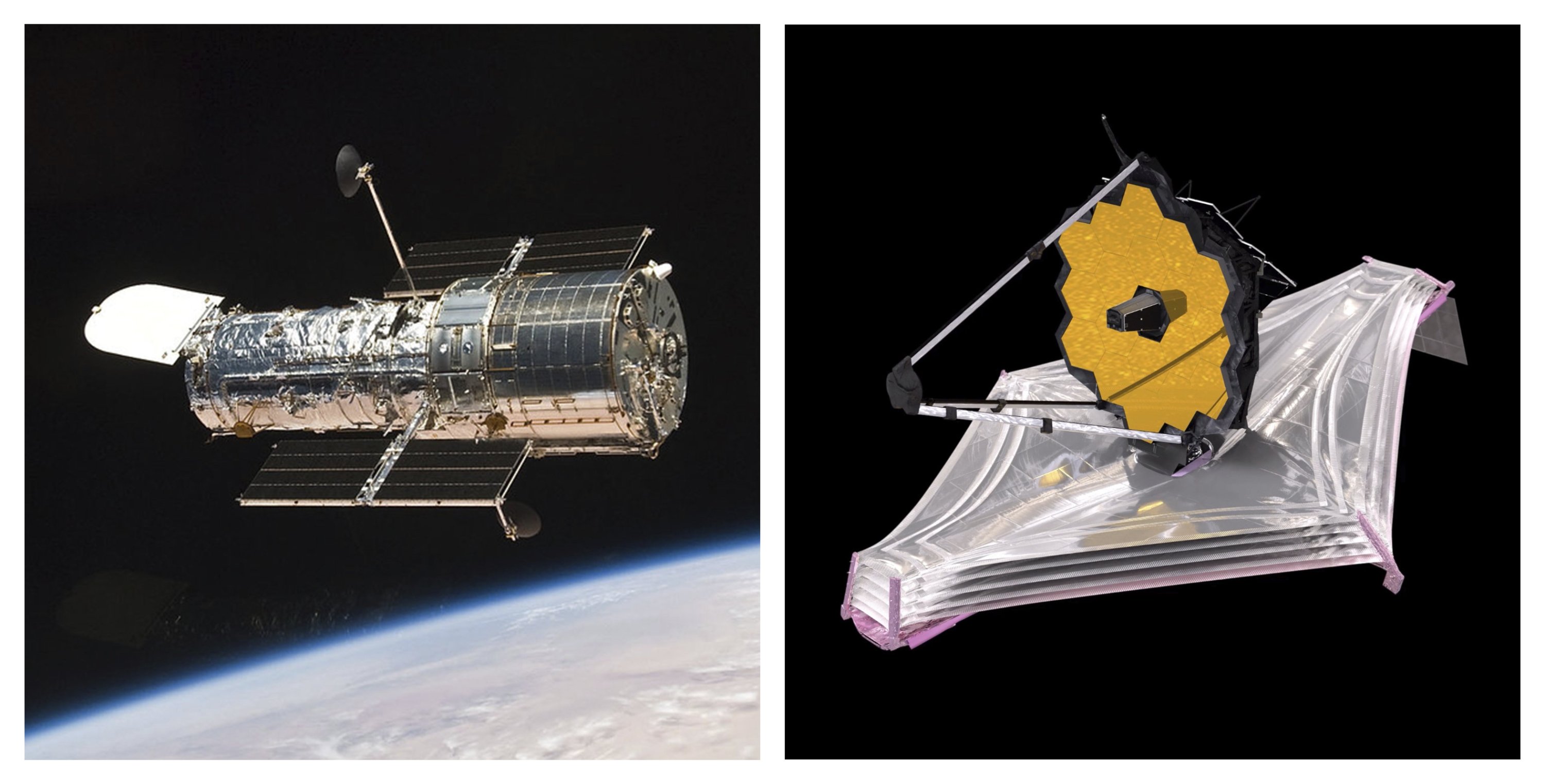 Kombinasi gambar yang disediakan oleh NASA ini menunjukkan Teleskop Luar Angkasa Hubble yang mengorbit Bumi dan ilustrasi Teleskop Luar Angkasa James Webb.  Dengan NASA dan Hubble Badan Antariksa Eropa mendorong 32 tahun di orbit, Webb yang lebih besar, 100 kali lebih kuat secara luas dipandang sebagai penggantinya meskipun keduanya sangat berbeda.  (Handout NASA melalui AP)