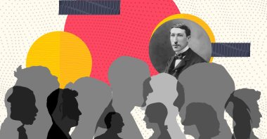 Illustration edited by Büşra Öztürk shows French intellectual Rene Guenon (top R) with silhouettes of people.