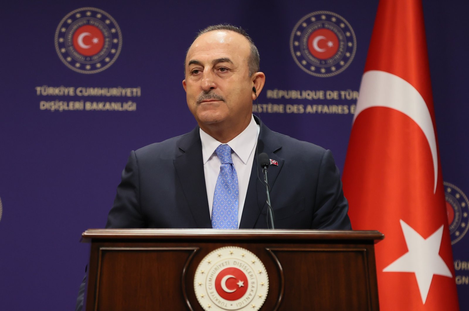Foreign Minister Mevlüt Çavuşoğlu is seen during a press conference with his French counterpart in Ankara, Türkiye, Sept. 5, 2022. (AA Photo)