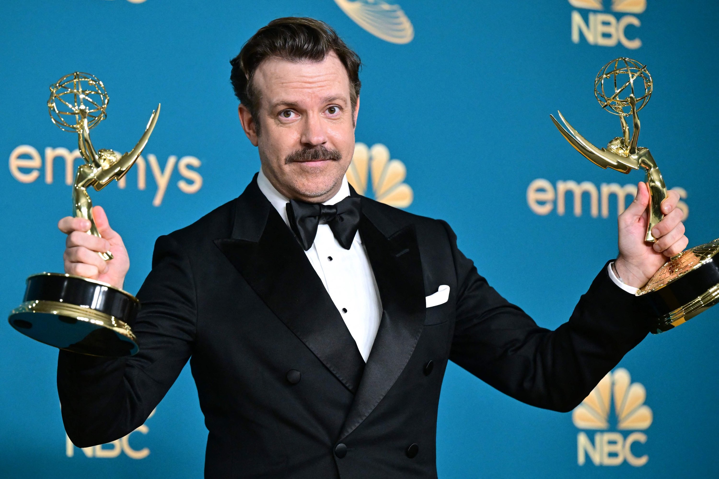 U.S. actor Jason Sudeikis poses with the awards for Outstanding Comedy Series and Outstanding Lead Actor In A Comedy Series for "Ted Lasso" during the 74th Emmy Awards at the Microsoft Theater in Los Angeles, California, U.S., Sept. 12, 2022. (AFP Photo)