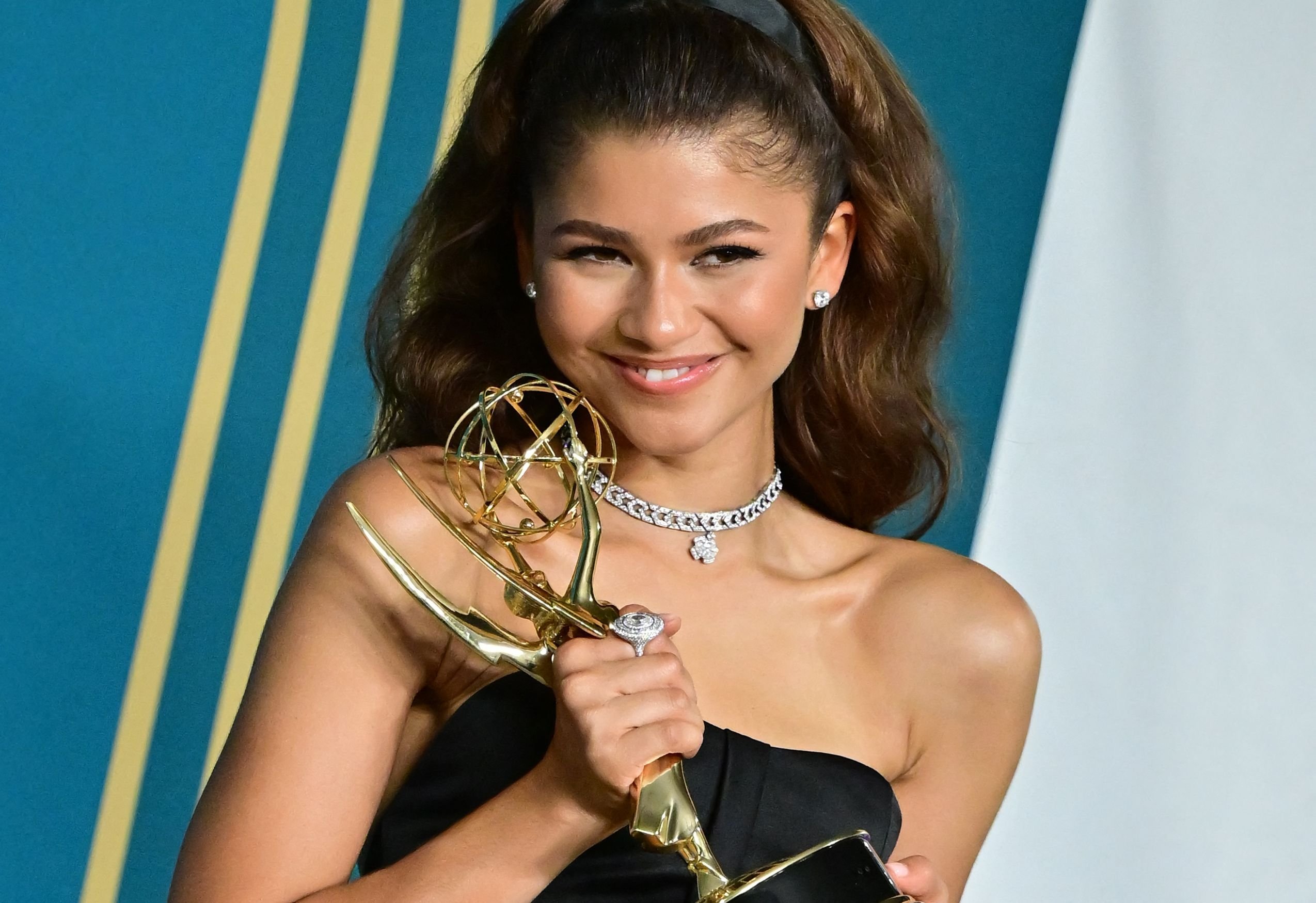 U.S. actress Zendaya poses with the Emmy for Outstanding Lead Actress In A Drama Series for 