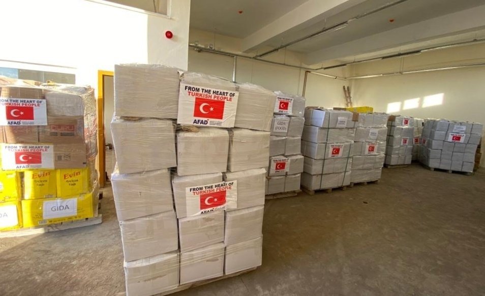 Relief packages to be sent to flood-hit Pakistan are seen in Ardahan province, Türkiye, Sept.13, 2022 (IHA Photo)  