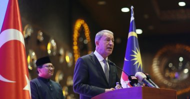 Defense Minister Hulusi Akar speaks at the National Day Reception of Malaysia in Ankara, Türkiye, Sept. 12, 2022 (AA Photo)