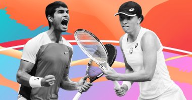 This photo combination shows newly crowned U.S. Open champions Spain&#039;s Carlos Alcaraz (L) and Poland&#039;s Iga Swiatek. (Illustration by Büşra Öztürk)
