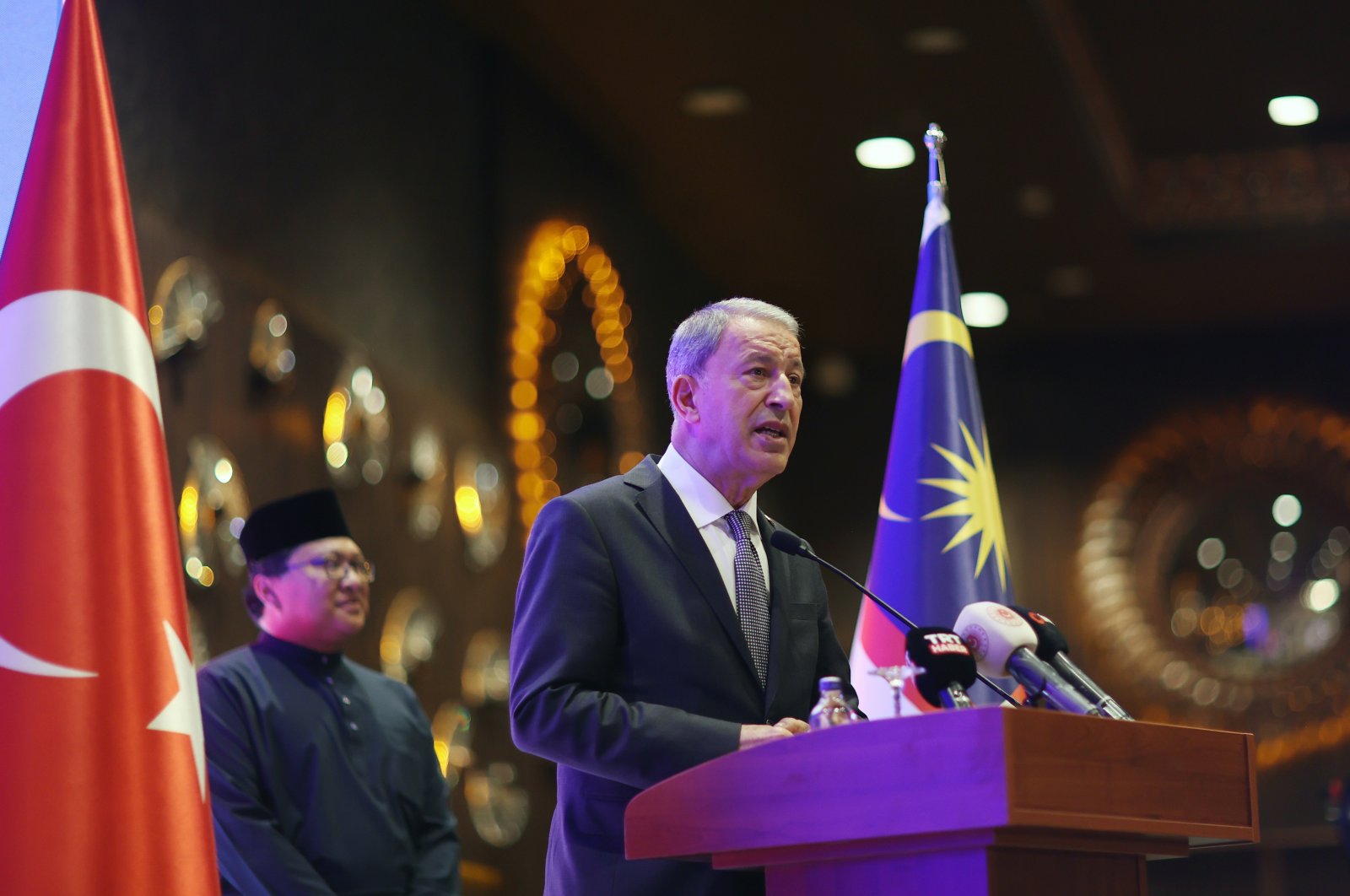 Defense Minister Hulusi Akar speaks at the National Day Reception of Malaysia in Ankara, Türkiye, Sept. 12, 2022 (AA Photo)