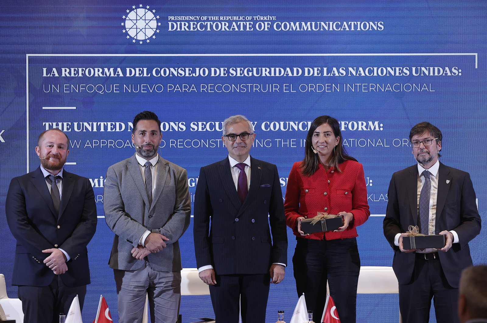 Officials attend the panel focused on reforming the United Nations Security Council organized by Türkiye&#039;s Directorate of Communications in Madrid, Spain, Sept. 12, 2022. (AA Photo)