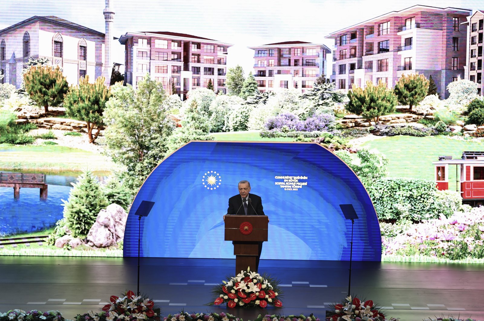 President Recep Tayyip Erdoğan speaks during an event to unveil Türkiye&#039;s largest ever social housing project, in Ankara, Türkiye, Sept. 13, 2022. (AA Photo)