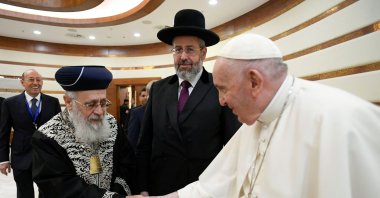 Pope Francis meets Israel's Chief Sephardic Rabbi Yitzhak Yosef on the day of the VII Congress of Leaders of World and Traditional Religions at the Palace of Independence in Nur Sultan, Kazakhstan, Sept. 14, 2022. (Vatican Media via Reuters)