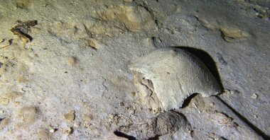 This photo courtesy of Octavio del Rio shows fragments of a pre-historic human skeleton partly covered by sediment in an underwater cave in Tulum, Mexico, Sept. 10, 2022. (AP Photo)