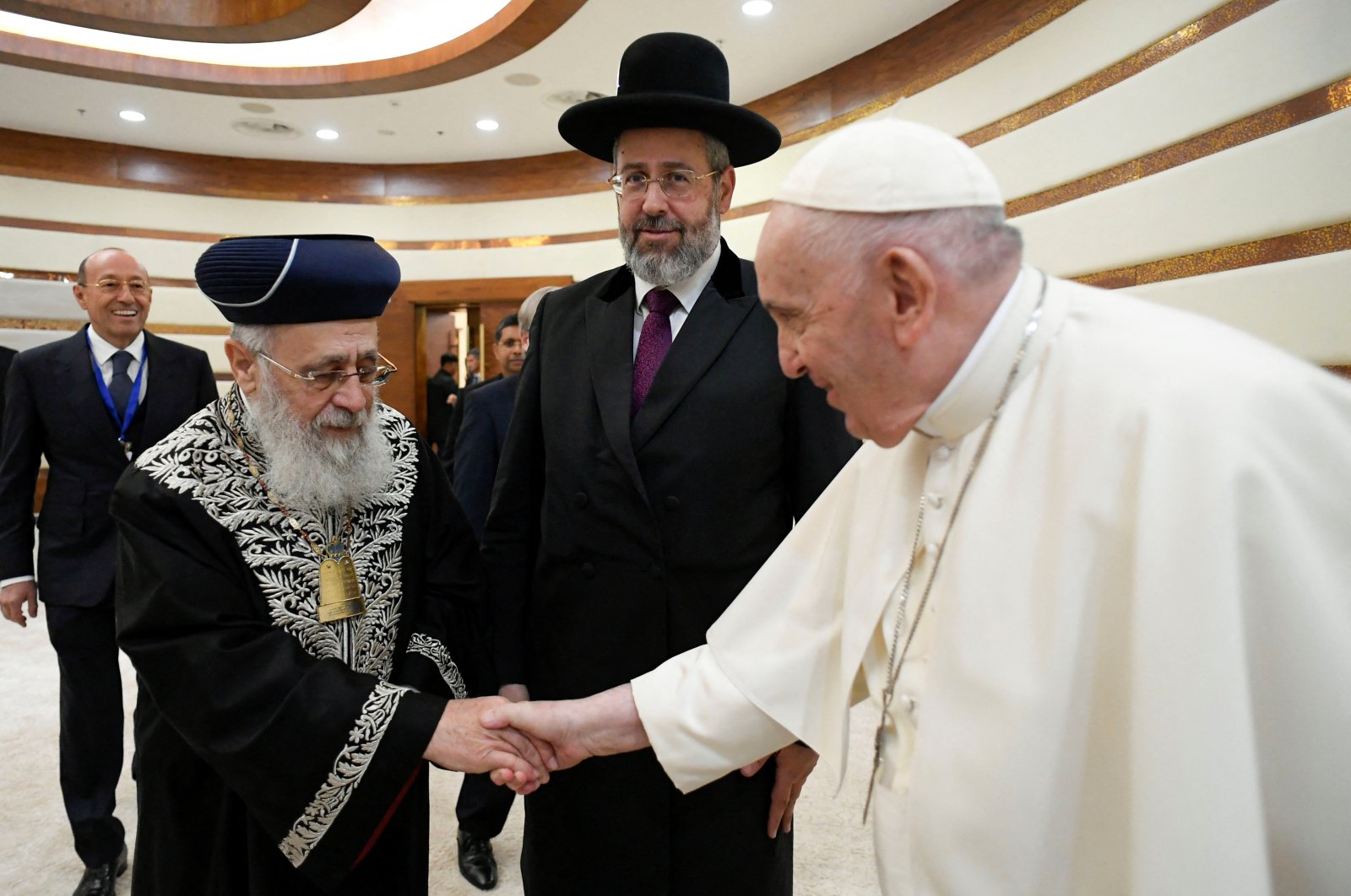 Pope Francis meets Israel&#039;s Chief Sephardic Rabbi Yitzhak Yosef on the day of the VII Congress of Leaders of World and Traditional Religions at the Palace of Independence in Nur Sultan, Kazakhstan, Sept. 14, 2022. (Vatican Media via Reuters)