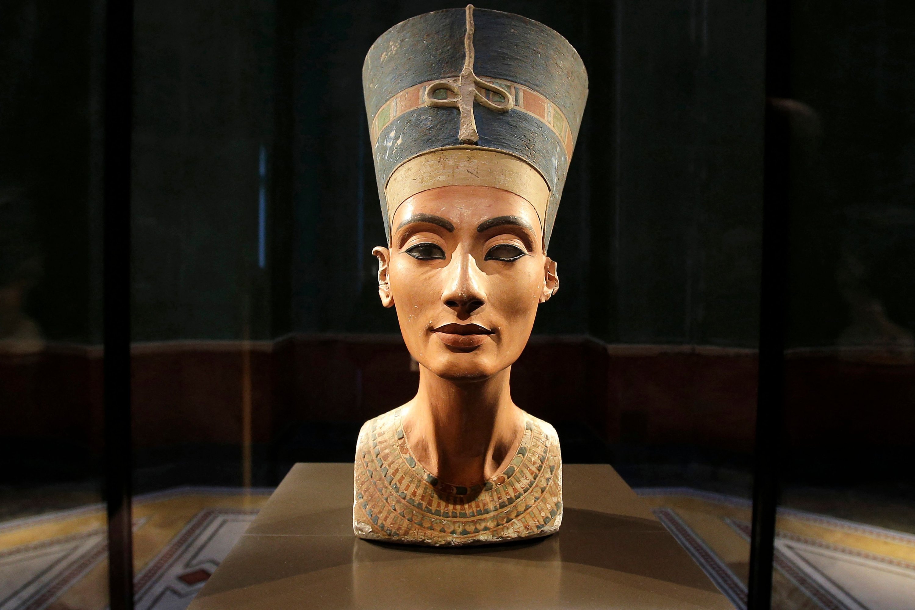 The Nefertiti bust is pictured during a press preview of the exhibition 
