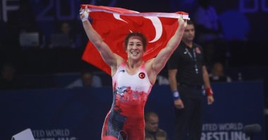 Yasemin Adar Yiğit celebrates winning gold at the World Wrestling Championships, Belgrade, Serbia, Sept. 14, 2022. (AA Photo)