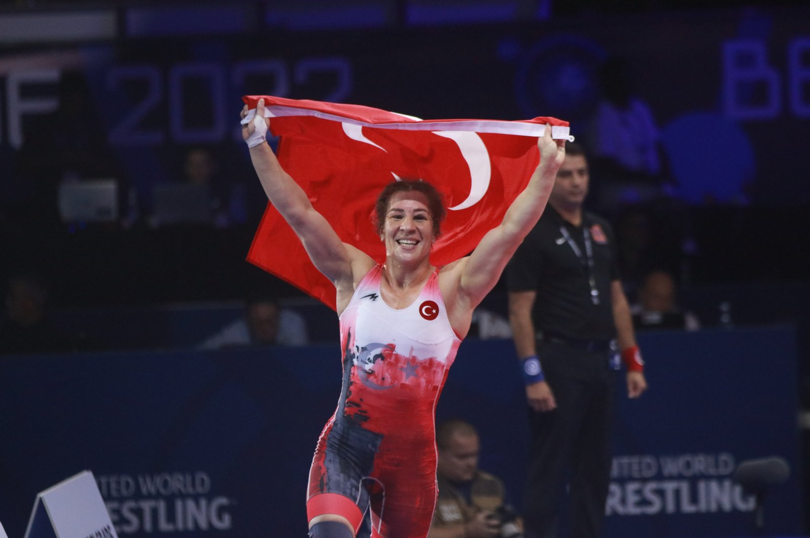 Yasemin Adar Yiğit celebrates winning gold at the World Wrestling Championships, Belgrade, Serbia, Sept. 14, 2022. (AA Photo)