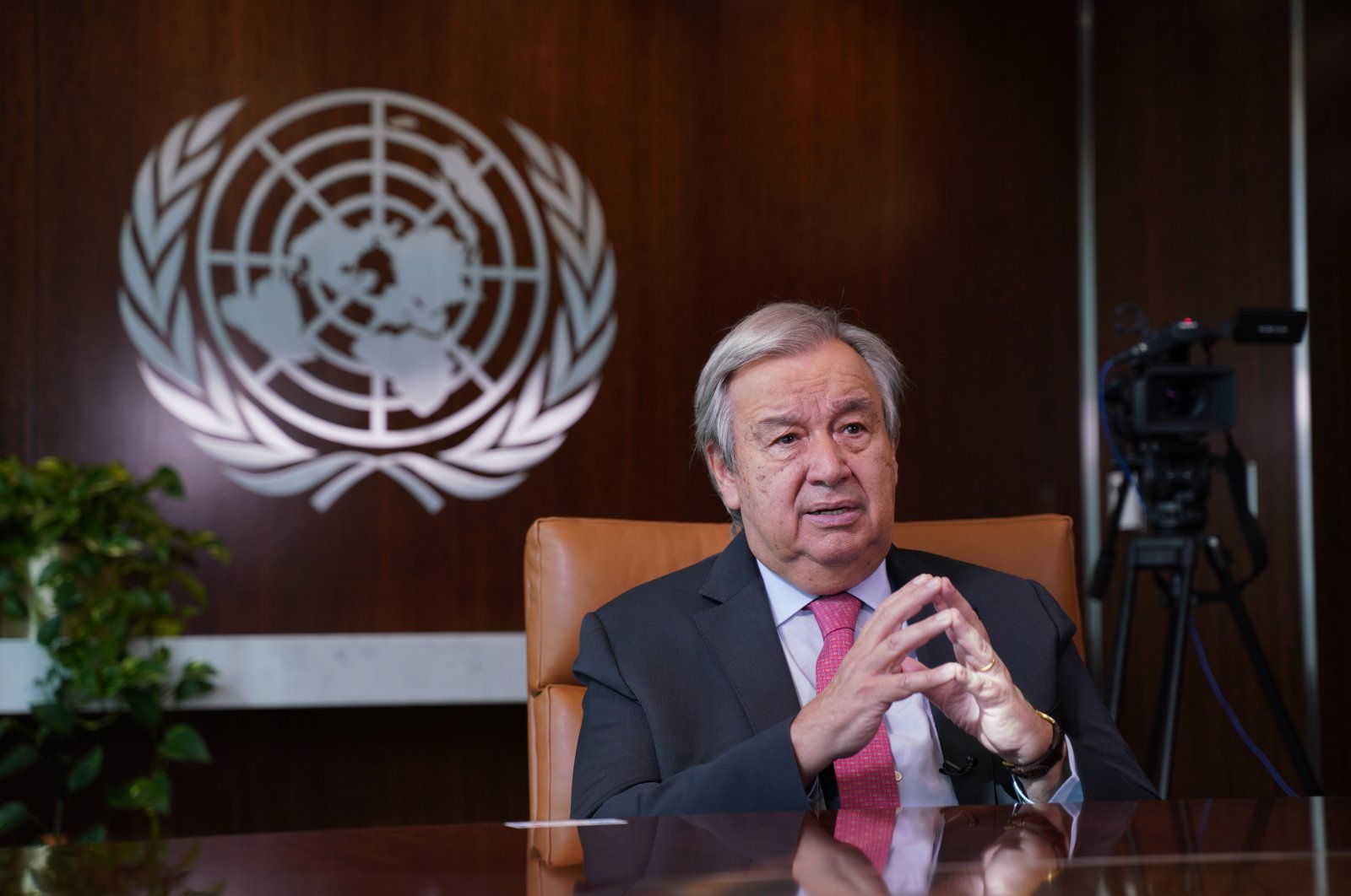 U.N. Secretary-General Antonio Guterres speaks to Anadolu Agency (AA) in an interview, New York, U.S., Sept. 15, 2022. (AA Photo)