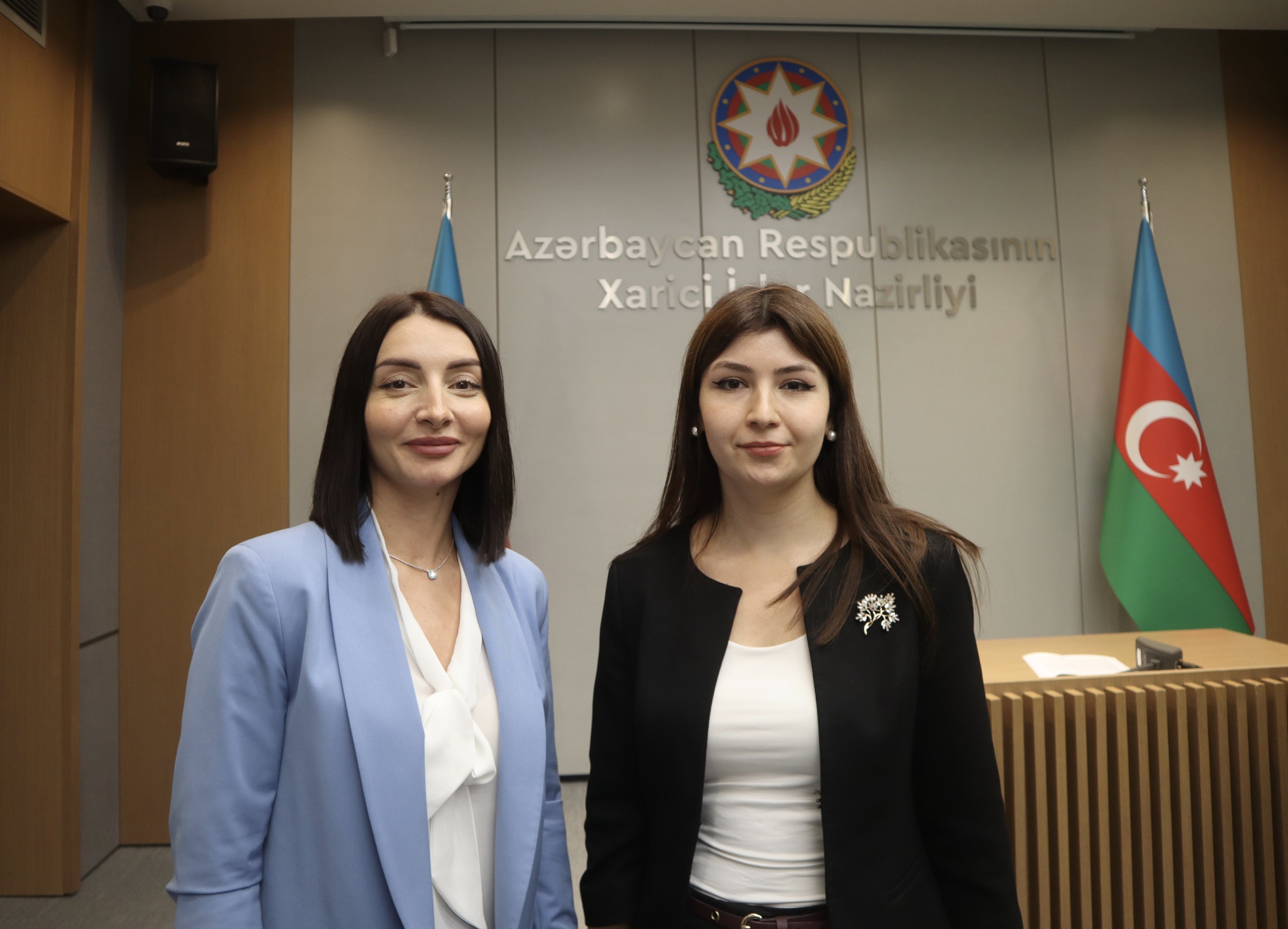 Spokesperson of Azerbaijan’s Foreign Ministry Leyla Abdullayeva together with Daily Sabah's Dilara Aslan Özer (R) in Baku, Azerbaijan, Sept.15, 2022 (Daily Sabah Photo)