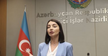 Spokesperson of Azerbaijan’s Foreign Ministry Leyla Abdullayeva speaking to reporters in Baku, Azerbaijan, Sept.15, 2022 (Daily Sabah Photo)