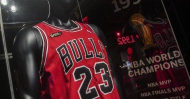 Michael Jordan's 1998 finals game jersey is displayed in a glass case, New York, U.S., Sept. 6, 2022. (AP Photo)