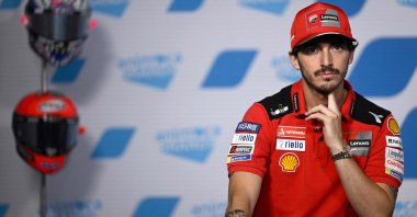 Ducati's Francesco Bagnaia at a press conference ahead of the Aragon MotoGP, Alcaniz, Spain, Sept. 15, 2022. (AFP Photo)