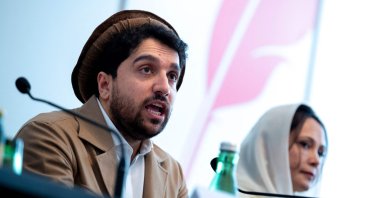 Ahmad Massoud (L), leader of the National Resistance Front of Afghanistan and Aliya Yilmaz, Afghan women&#039;s rights activist, speak to journalists at the intra-Afghanistan conference, Vienna, Austria, Sept. 16, 2022. (AFP Photo)