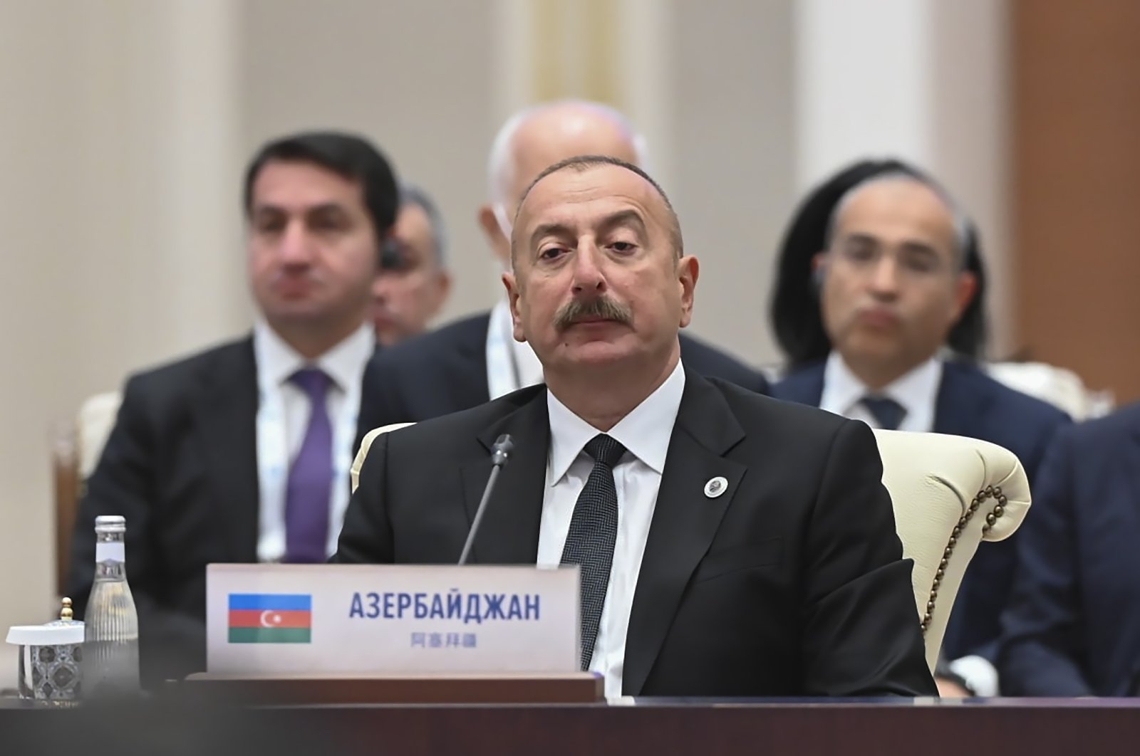 Azerbaijani President Ilham Aliyev attends a meeting in expanded format of the 22nd Shanghai Cooperation Organisation (SCO) Summit, Samarkand, Uzbekistan, Sept. 16, 2022. (Foreign Ministry of Uzbekistan handout via EPA)