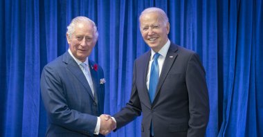 Britain&#039;s Prince Charles (L), greets the President Joe Biden ahead of their bilateral meeting during the COP26 summit at the Scottish Event Campus (SEC) in Glasgow, Scotland, Nov. 2, 2021. (AP Photo)