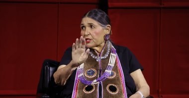 Sacheen Littlefeather on stage at AMPAS Presents An Evening with Sacheen Littlefeather at Academy Museum of Motion Pictures, Los Angeles, California, U.S., Sept. 17, 2022. (AFP Photo)