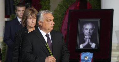 Hungarian Prime Minister Viktor Orban lays flowers on the coffin of the late former Soviet president Mikhail Gorbachev during a farewell ceremony at the Hall of Columns of the House of Trade Unions in Moscow, Russia, Sept. 3, 2022. (EPA Photo)