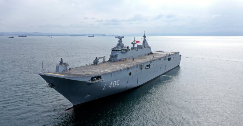 Türkiye’s multi-purpose amphibious assault ship and flagship-to-be, the TCG Anadolu, is seen in this photo provided on Sept. 17, 2022. (Courtesy of SSB)