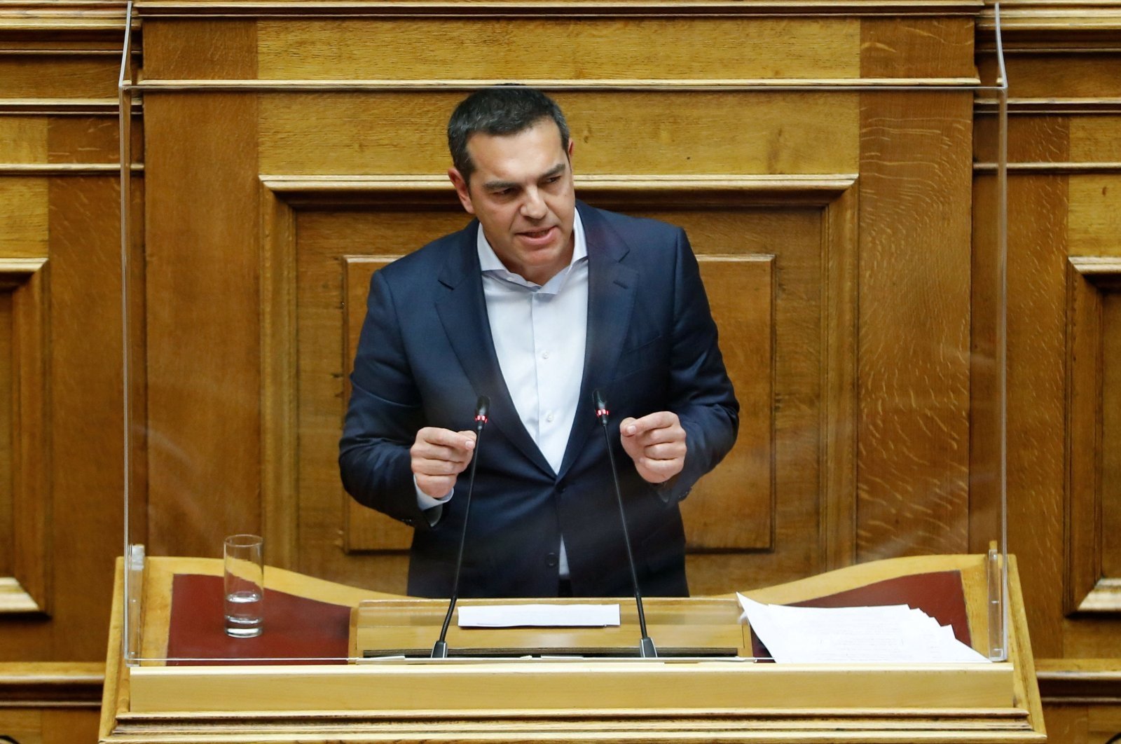 SYRIZA party leader Alexis Tsipras speaks during a parliamentary session before a confidence vote in Athens, Greece, Jan. 30, 2022. (Reuters Photo)