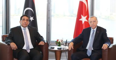 President Recep Tayyip Erdoğan receives the chairperson of the Libyan Presidential Council Mohammad Younes Menfi at Turkish House (Türkevi), New York, U.S., Sept. 18, 2022. (AA Photo)