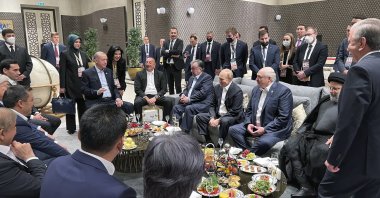 Leaders talk at the Shanghai Cooperation Organization (SCO) Summit in Samarkand, Uzbekistan, Sept. 15, 2022. (AP Photo)