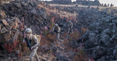 Turkish soldiers discover a cave used by PKK terrorists in Van, eastern Türkiye, Sept. 19, 2022.